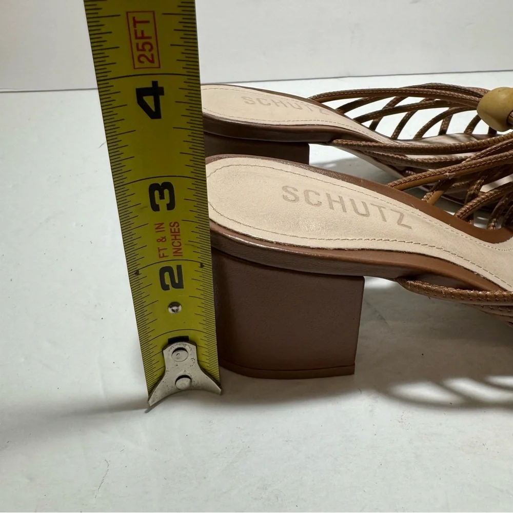 SCHUTZ Roanna Strappy Wood-Bead Brown Slide Block Heel Sandals Size 7.5 - Picture 13 of 14